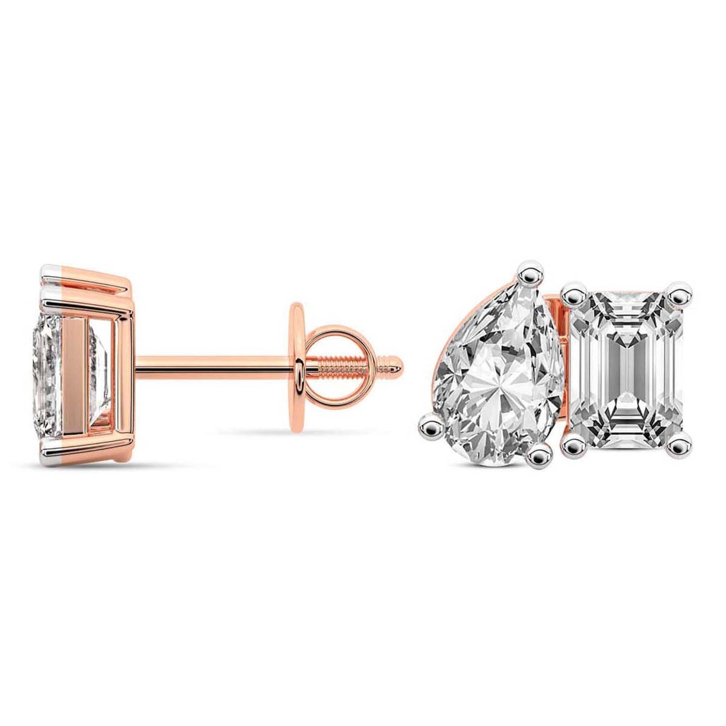 4 Carat Rose Gold Emerald and Pear Duo Studs