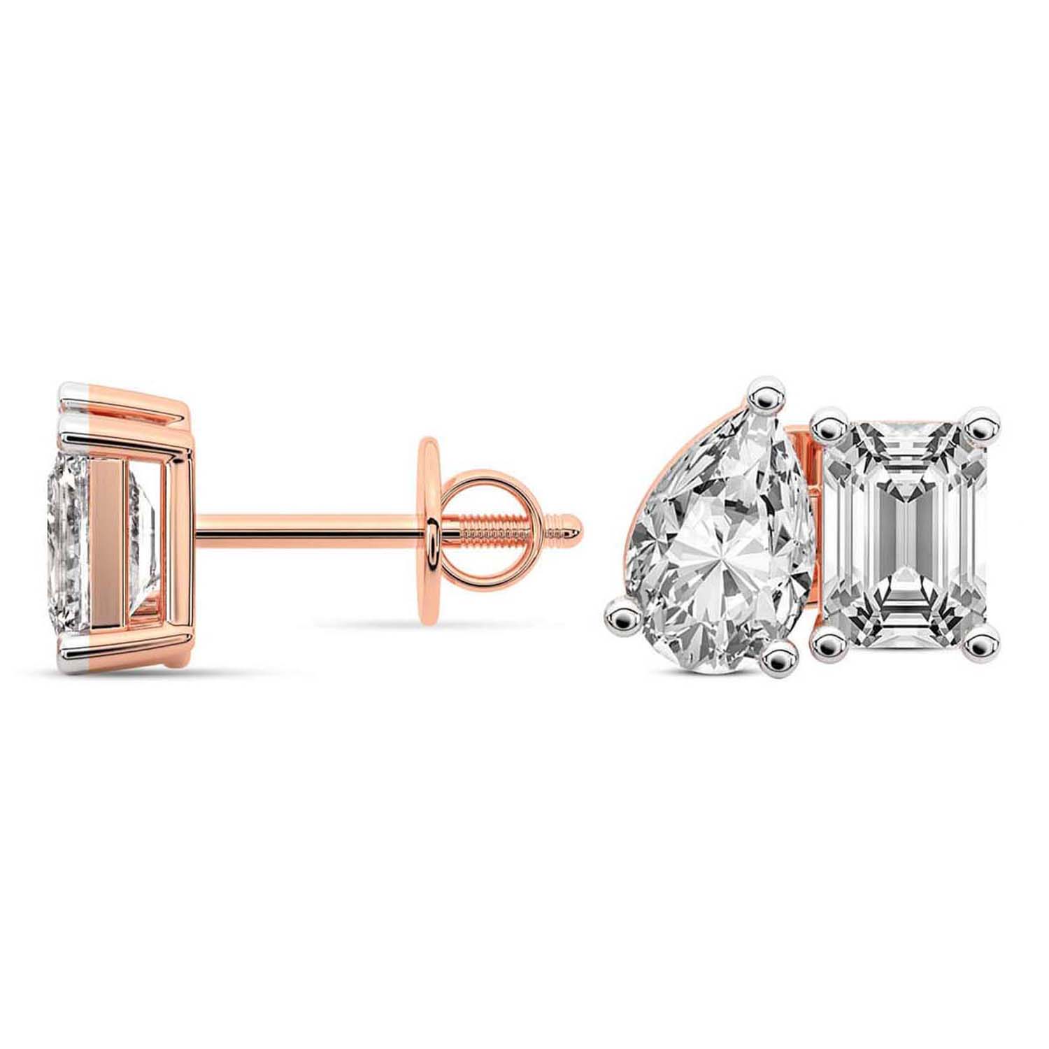 4 Carat Rose Gold Emerald and Pear Duo Studs