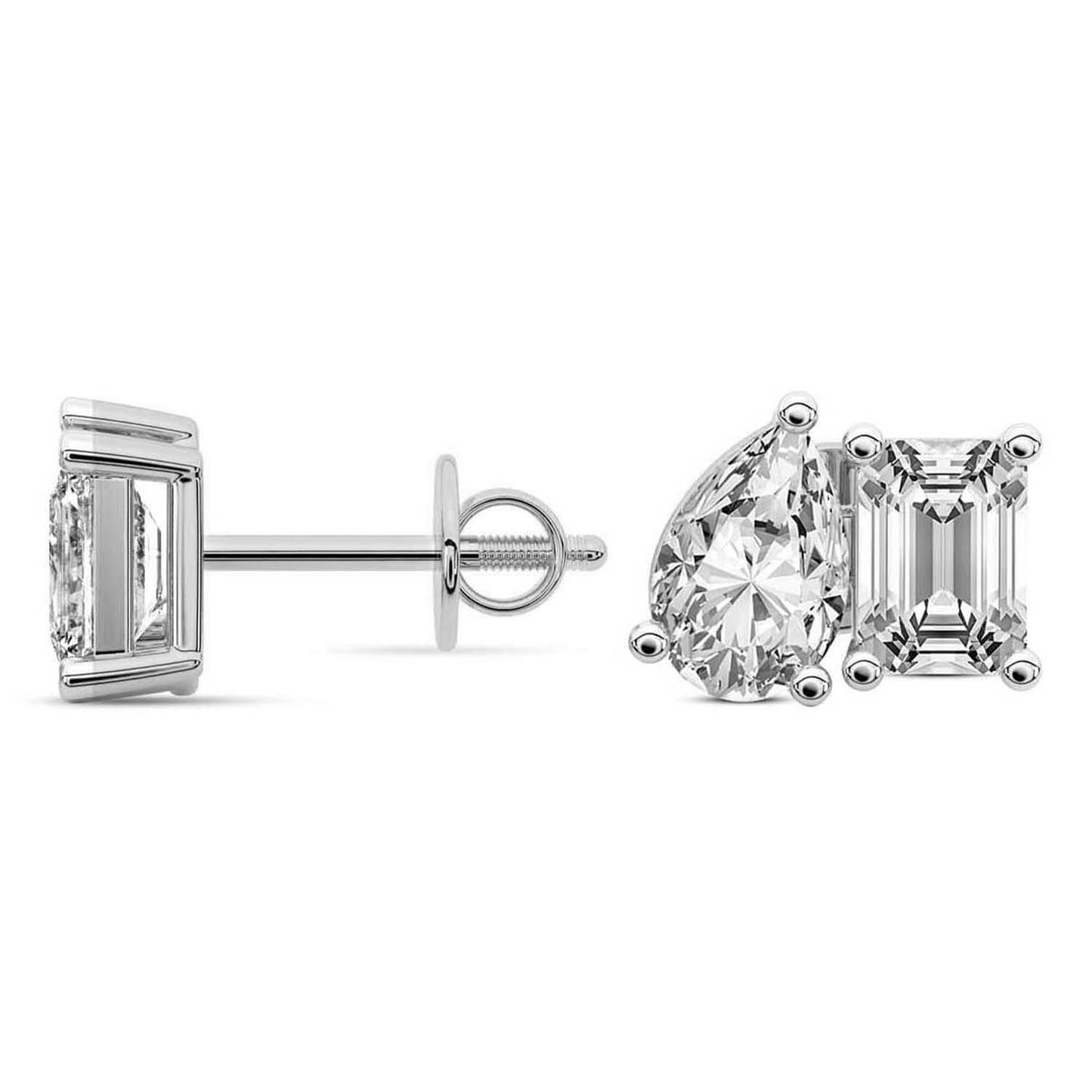 1 Carat White Gold Emerald and Pear Duo Studs