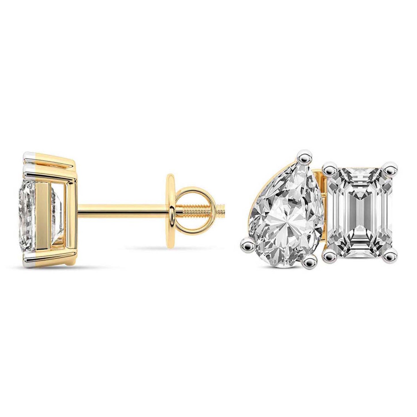 1 Carat Yellow Gold Emerald and Pear Duo Studs